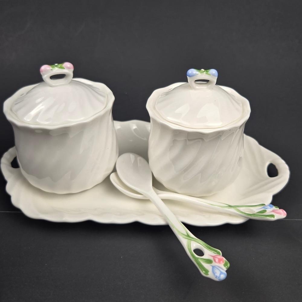 Hankook Bone China Sugar Creamer Set with Tray and Spoons White Floral 5pc 1988